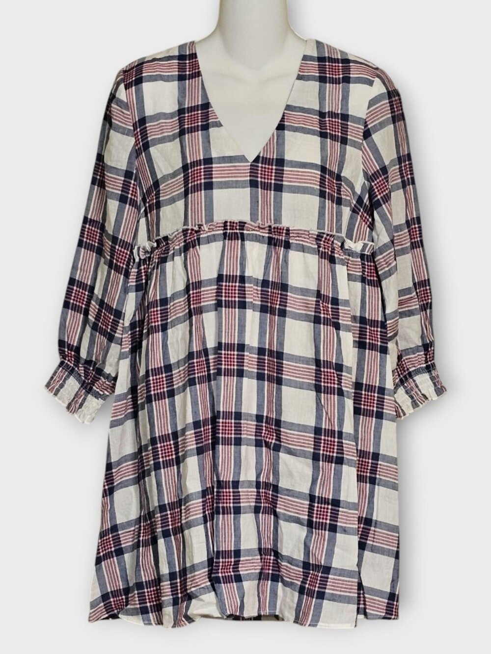 NWT Zara Plaid Babydoll Mini Dress Women’s XS V Neck Blue Red White Lined Boho - Picture 5 of 13